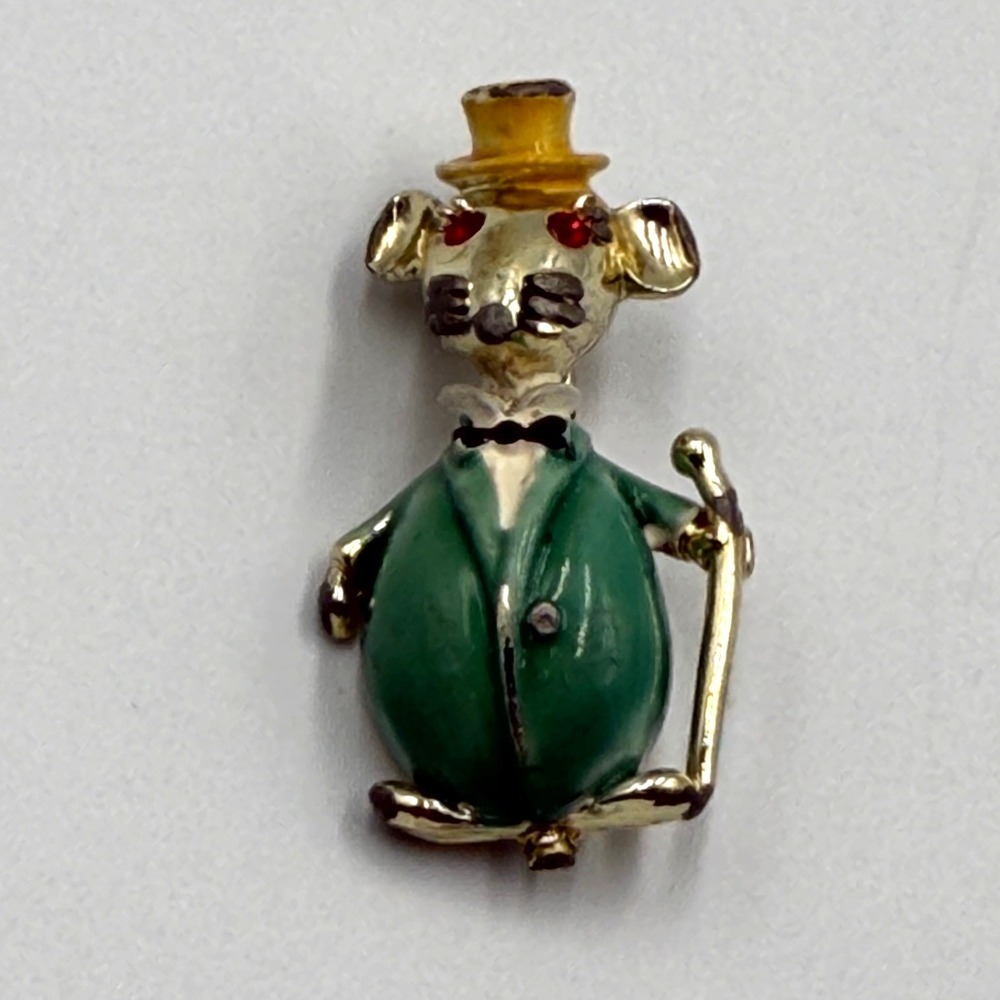 Vintage Dapper Mouse Brooch Green Enamel Gold Tone Top Hat Cane Rhinestone Eyes